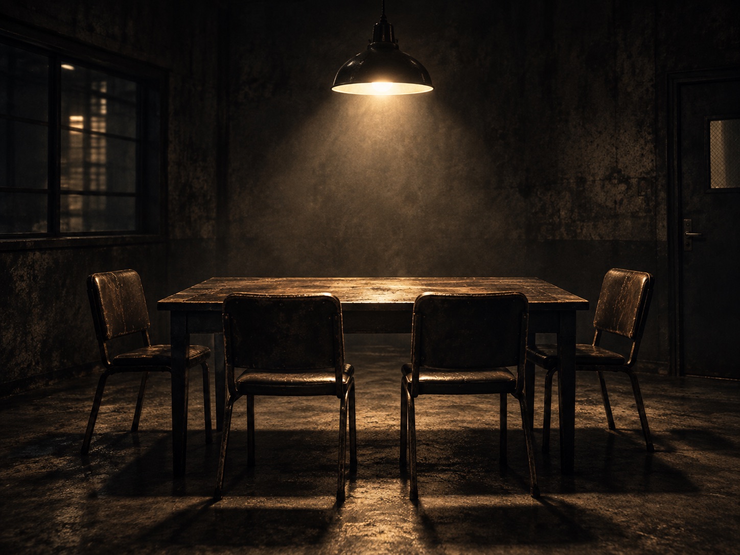 An interview room lit by a hanging lamp